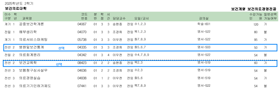 2025학년도 2학기 보건계열 식품영양학전공 2학년 전공과목 수강신청 안내 6